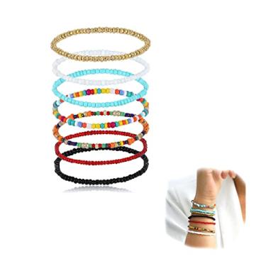 Imagem de Asphire Pulseira boêmia com contas de sementes multicoloridas, conjunto de pulseira circular de pulso Boho para verão praia elástica pulseira acessórios de declaração presente para mulheres, adolescentes e meninas