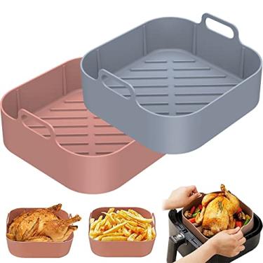 Imagem de 2 peças Air Fryer panela de silicone 20,32 cm forros de silicone para fritadeira de ar antiaderente acessórios reutilizáveis de substituição para fritadeira a ar fritadeira forno micro-ondas (cinza + marrom - linha de viés inferior)