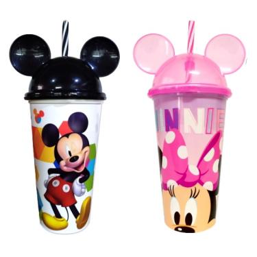 Imagem de Copo Infantil Minnie e Mickey Mouse com Orelhas Tampa e Canudo Premium Plasútil