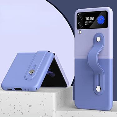 Imagem de Capa de telefone de couro Candy Color para Galaxy Z Flip 3 4 Flip3 Flip4 5G dobrável capa de proteção à prova de choque com alça de pulso, roxo claro, azul, para Galaxy Z Flip4