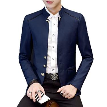 Imagem de Blazer masculino primavera gola alta terno jaqueta cor sólida 3 botões leve slim fit manga longa casaco fino para casamento, azul marinho, 3GG (185/96A)