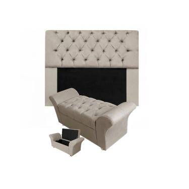 Imagem de Conjunto Cabeceira Mirage e Calçadeira Baú Veneza Solteiro 90 cm Suede Bege - LM DECOR