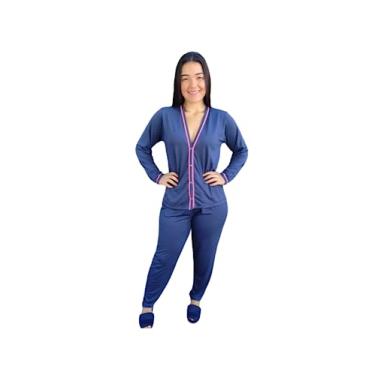 Imagem de Pijama Feminino Americano de Frio com Botões Blusa manga Comprida e Calça roupa de dormir inverno gestação amamentação cirurgico (Azul, GG 44-46)