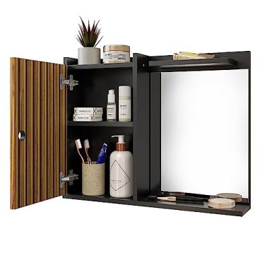 Imagem de Espelheira Madri 1 Porta Prateleira Organizadora Espelho Decorativo Armarinho Banheiro Suspenso - RPM Móveis (Preto/Ripado)