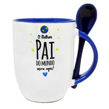 Imagem de Caneca com Colher Azul Personalizada Dia dos Pais  o Melhor Pai do Mundo Mora Aqui