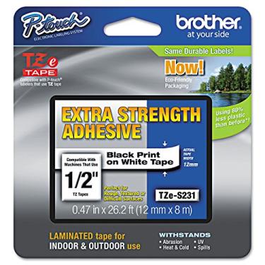 Imagem de Brother Fita adesiva P-touch TZE-S231 genuína, 1/5.1 cm (1,2 cm) Fita adesiva P-touch laminada, preta sobre branca, laminada para uso interno ou externo, resistente à água, 8 m, pacote único