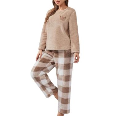 Imagem de MakeMeChic Conjunto de pijama feminino xadrez de 2 peças, blusa felpuda, calça de flanela de búfalo, conjunto lounge, Cáqui B, M