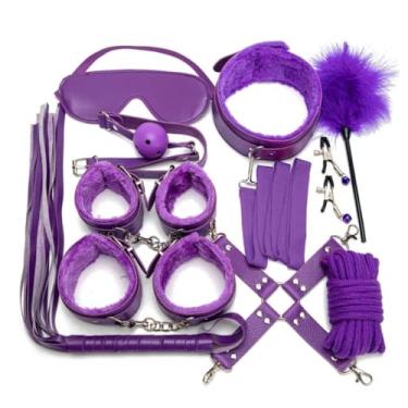 Imagem de Kits de Couro Sexy Para Casais, Conjunto Sexual, Algemas, Jogos Sexuais, Chicote, Mordaça, Mamilos, 10 Peças Acessórios Exóticos (Roxo)