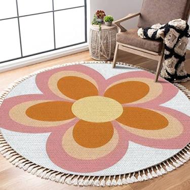 Imagem de OUVNWLRE Tapetes redondos com franja, retrô, estilo anos 70, 90, estilo flor, boho, círculo, tapete para decoração de quarto de meninas, com borlas para quarto de bebê, sala de jogos, 10 cm