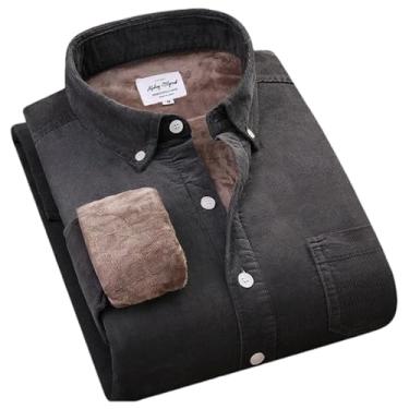 Imagem de Camisa masculina de veludo cotelê grosso de algodão quente, manga comprida, gola de botão, outono e inverno para homens, Cinza escuro, G
