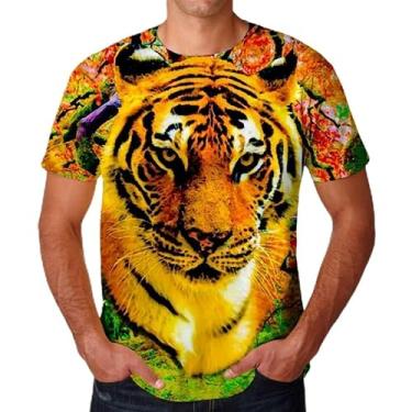 Imagem de Camiseta masculina e feminina com estampa animal tigre/leão 3D casual manga curta, Azul marinho, XXG