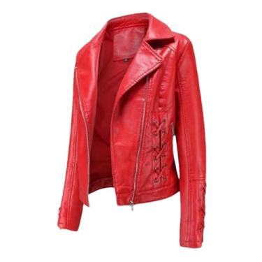 Imagem de BoShiNuo Jaqueta feminina de couro, casaco de primavera, preto, vermelho, motociclista, zíper, jaqueta feminina EN8, bege, outono, Vermelho, G