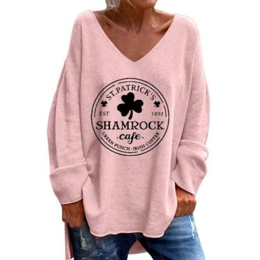 Imagem de Camisetas femininas PKDong St Paddys Day de São Patrício Shamrock Cafe EST 1982 com estampa de letras casuais e gola V, rosa, P