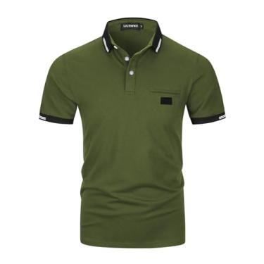 Imagem de LIUPMWE Camisas polo masculinas com bolso elegante xadrez manga curta algodão camiseta de golfe, Yt39 Verde militar, G