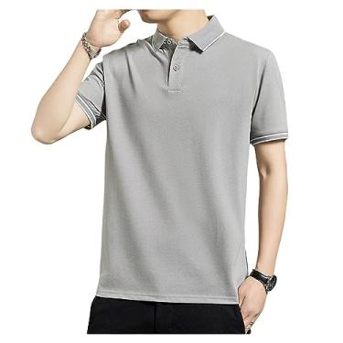 Imagem de Camisa polo masculina de seda gelo de lapela sólida com botão para treino camiseta atlética secagem rápida curta, Cinza, G