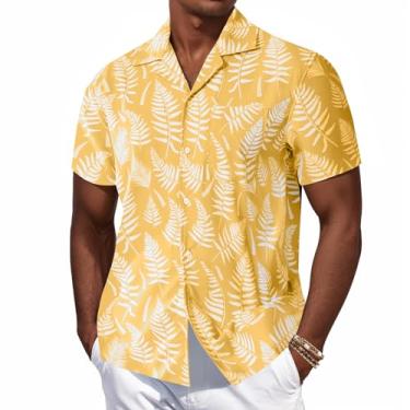 Imagem de Camisas havaianas masculinas Aloha floral tropical verão praia manga curta camisas de botão com bolsos, Amarelo, G