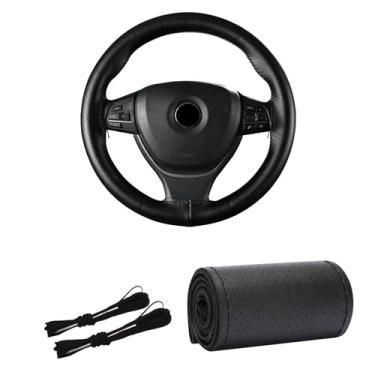 Imagem de Kewucn Capa de volante de couro genuíno, protetor universal de volante de carro de 15 polegadas com linha de agulha, capa de volante antiderrapante respirável DIY Stitch on Wrap (preto, furo completo)
