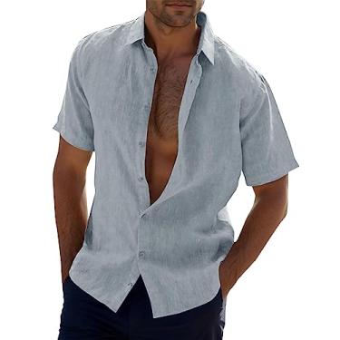 Imagem de Camisa masculina de linho manga curta casual slim fit camisa de botão para homens praia verão havaiana férias camisa de casamento, 01 - Cinza, G