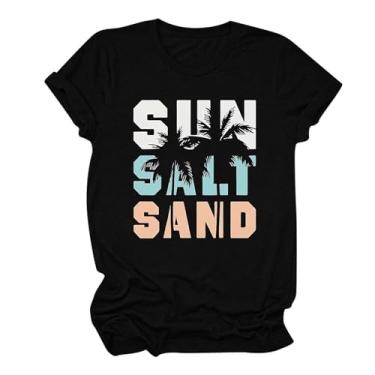 Imagem de MaMiDay Camiseta feminina de verão com estampa divertida de sol, areia e sal e areia, gola redonda, manga curta, caimento solto, Preto, G