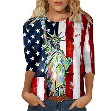 Imagem de Camisetas femininas 4 de julho com bandeira americana Memorial Day manga 3/4 gola redonda listras St-a-rs (verde, P), Verde, P