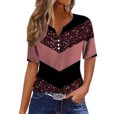 Imagem de Camisetas femininas de verão 2024 com gola V moderna e manga curta, estampa de patchwork, túnica solta, rosa, G