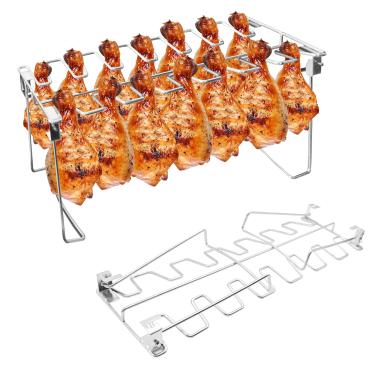 Imagem de BaokiTook 2 pacotes de grelha, suporte de perna e asa de frango, 14 compartimentos para coxinhas de frango, suporte de torrador de aço inoxidável para churrasqueira, forno, acessórios de churrasco