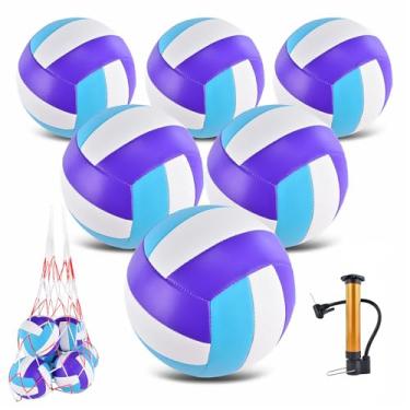 Imagem de ELKCIP Pacote com 6 bolas de vôlei oficiais tamanho 5, bolas de vôlei recreativas macias com bomba e bolsa de rede para uso interno e externo, praia, piscina, água, areia, jogo de treinamento para