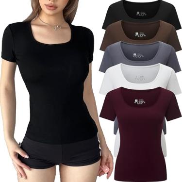 Imagem de FMNNNN 5 peças camiseta feminina canelada manga curta slim fit gola quadrada colado ao corpo túnicas para sair, Pacote com 5: preto/branco/café/vermelho/cinza, G