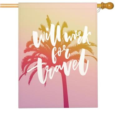 Imagem de Mugod Palavras engraçadas Bandeiras de casa de serapilheira para uso ao ar livre, letras tropicais de palmeira verão viagem aventura bandeiras de quintal grandes 71 x 101 bandeira decorativa sazonal