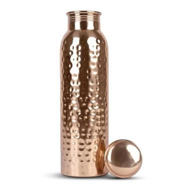 Imagem de Garrafa de água 100% cobre puro - 1 litro - Recipiente feito à mão à prova de vazamento para beber com benefícios de saúde ayurvédicos para esportes, fitness, ioga, academia, escritório, caminhadas,