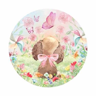 Imagem de Painel de Tecido Sublimado Redondo Cachorrinho Encantado Jardim Flores