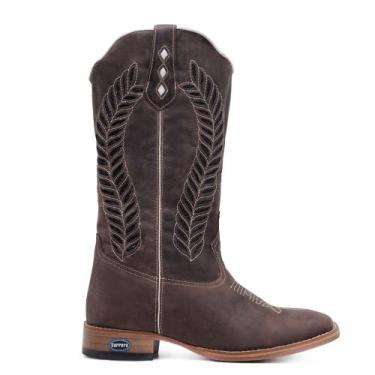 Imagem de Bota Texana em Couro Feminina Moda Country Bico Quadrado Cano Longo - 