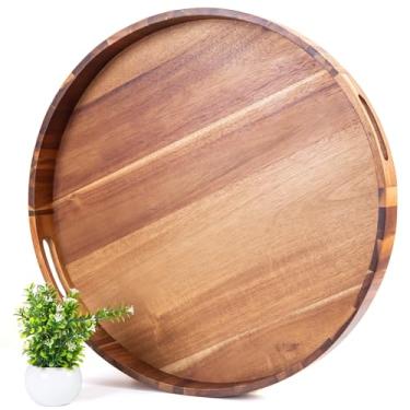 Imagem de Decent Vrvege Bandeja de mesa de centro redonda extra grande, bandejas de cozinha grandes de 56 cm para organizador decorativo gigante de balcão otomano, bandeja de madeira enorme para servir com alça