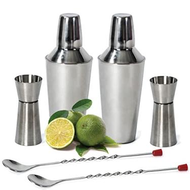 Imagem de Coqueteleira pacote com 2 - conjunto de 6 peças - ferramentas de bar - coqueteleira de 680 g, coador embutido, colher de mistura com jigger dupla face, acabamento espelhado - kit de mojito - presentes