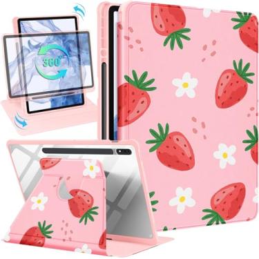 Imagem de Wazzasoft Capa para Samsung Galaxy Tab S7 Fe/S7 Plus/S8 Plus, capa fólio de 12,4 polegadas, suporte para lápis, mulheres, meninas, fofo, feminino, morango, design exclusivo, para tablet giratório S8