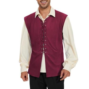 Imagem de American Trends Fantasia renascentista masculina pirata colete viking renascentista steampunk fantasia medieval masculina, Vinho tinto, M
