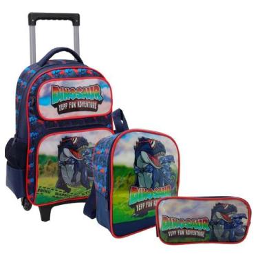 Imagem de Kit Mochila Rodinhas Lancheira Estojo Meninos Dinossauro Yepp, Azul, V