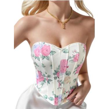 Imagem de Cropped Corset Top Crop Blusa Sexy Floral Estampada Sem Alça - Modas F