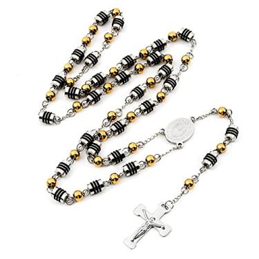Imagem de Colar de corrente com pingente de crucifixo de cruz e rosário religioso cristão e prata de aço inoxidável dourado preto e prata