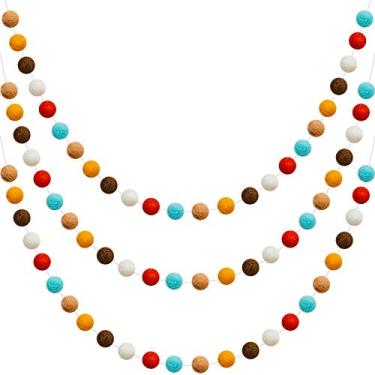 Imagem de Guirlanda de bola de feltro de lã com pompom colorido feito à mão com 24 bolas de feltro com 24 bolas de guirlandas para Halloween e parede de casa (branco, bege, amarelo, vermelho, azul claro, marrom, 3 peças)