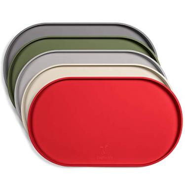 Imagem de DogBuddy Tapete para ração de cães, pequeno (48 x 28 cm), grande (61 x 35 cm), tapete antiderrapante para comida de animais de estimação, tapete de silicone para tigela de cães, tapete lavável para comida e água, tapetes impermeáveis para pisos (grande, vermelho)