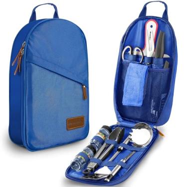 Imagem de Conjunto de utensílios de cozinha para acampamento com 11 peças, organizador de viagem, acessórios de churrasco, equipamento compacto portátil para mochilão, churrasco, acampamento, caminhada, viagem, kit de panelas resistente à água (azul)