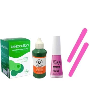 Imagem de Kit manicure: Algodao (25g) + acetona (50ml) + 2 lixas de unha mini + esmalte Color Trend Bala de Uva