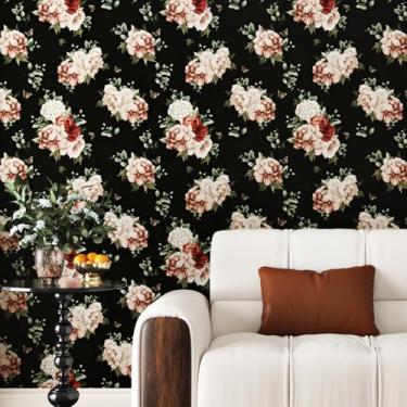 Imagem de Skyblur Papel de parede floral preto vintage descasque e cole papel de contato para armários quarto rosas rosa vintage papel de parede floral boho papel de parede removível para banheiro flor de vinil
