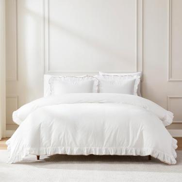 Imagem de Lush Decor - Conjunto de capa de edredom, roupa de cama de algodão de 3 peças com fronhas combinando, borda contrastante e borda elegante (Reyna off-branco/neutro, casal/queen)