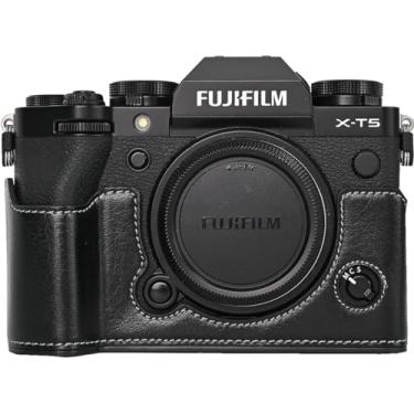 Imagem de Capa X-T5, capa BMAOLLONGB feita à mão de couro PU meia câmera, versão com abertura inferior para Fujifilm X-T5 XT5 com alça de pescoço, mini bolsa de armazenamento (preto)