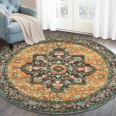 Imagem de HEBE Tapete Redondo Lavável Boho, 1,2 m, Antiderrapante, Vintage, para Quarto, Macio, Sem Queda, Tapete de Cabeceira Redondo Boho para Sala de Estar, Sala de Jantar, Banheiro, Faculdade, Dormitório