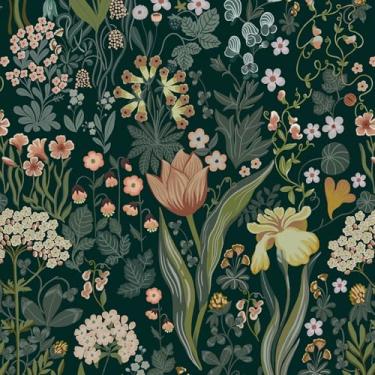 Imagem de Toduso Papel de parede vintage papel de parede verde para contato floral papel de parede removível 43,9 cm x 299,7 cm folha flor papel de parede autoadesivo para decoração de gaveta de quarto