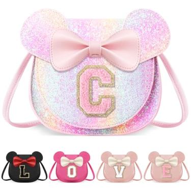 Imagem de izuzta Bolsa infantil para crianças 1 2 3 4 5 6 7 8 anos de idade bonito mouse orelha laço bolsa transversal presente de aniversário, Bolsa grande/brilhante/letra rosa, C, C