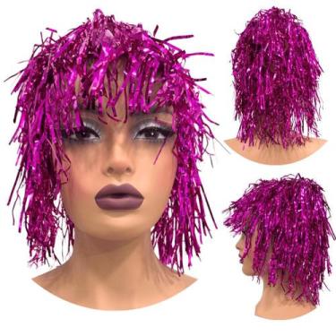 Imagem de Peruca metalizada festa fantasia carnaval franja rosa - LIONSWIG